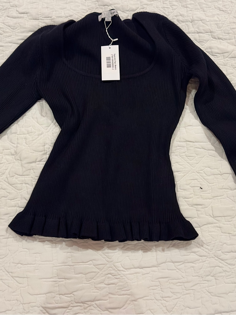Black Ribbed Long-Sleeve Top with Ruffle Hem - Women's
